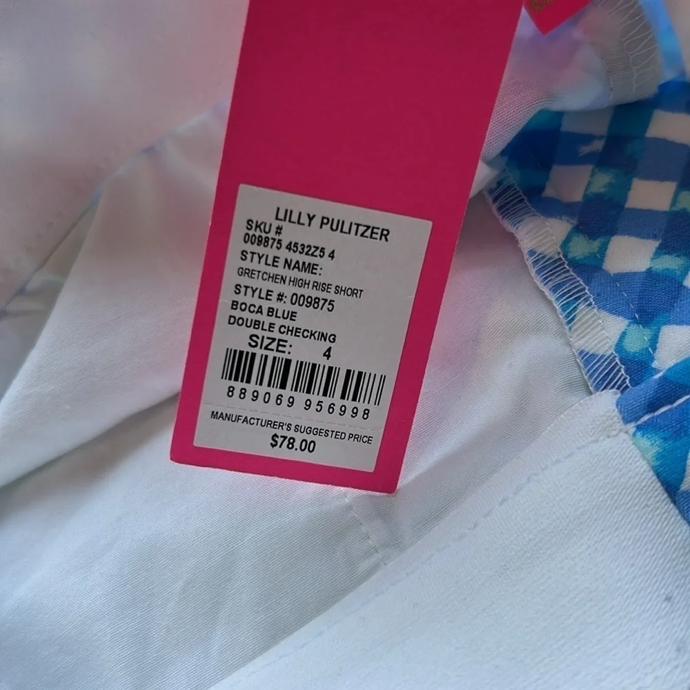 Lilly Pulitzer Gretchen High Rise Short Boca Blue Double Checking Sz 4 NEW